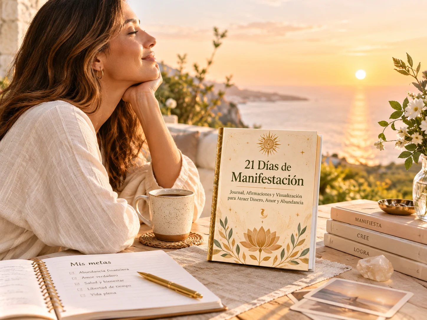 Journal 21 Días de Manifestación sobre una mesa al atardecer, junto a una mujer con una taza de café y un cuaderno abierto con sus metas